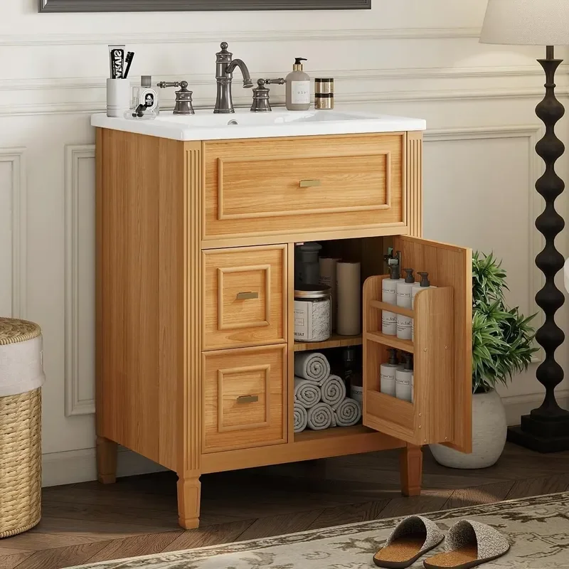 24 Modern Bathroom Vanity with Ceramic Sink Solid Wood Frame Freestanding Storage Cabinet w 2 Drawers Tilt Out Dra