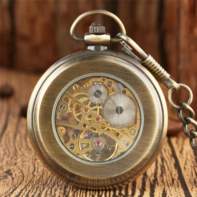 Bronze Antique Men Women Mechanical Hand Winding Pocket Watch Roman Number Fob Chain Skeleton Clock Relogio De Bolso