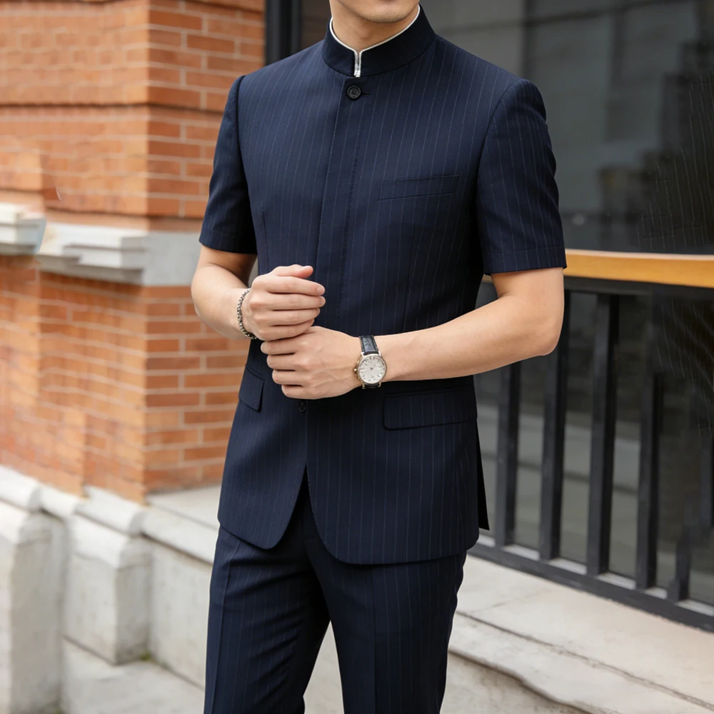 

Tailor Made Navy Blue Stripe Men's Suits Formal Business Mandarin Collar Blazer High Quality 2 Piece Jacket Pants Sets