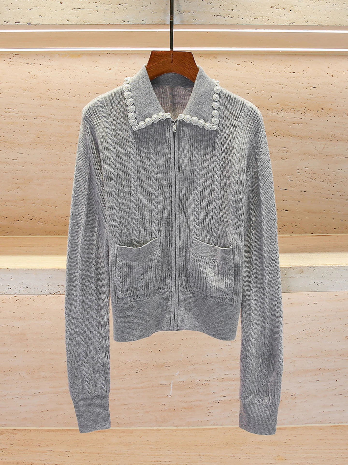 

Ele женский вязаный открытый кардиган, топ с бусинами, осень-зима, Новое поступление, средний размер, длинная повседневная одежда све