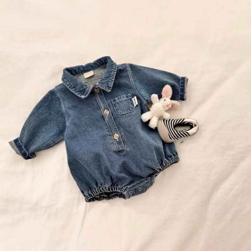 

2025 Autumn New Baby Long Sleeve Denim Bodysuit Solid Infant Boy Girl Cute Lapel Jeans Jumpsuit Newborn Toddler Clothes 0-24M