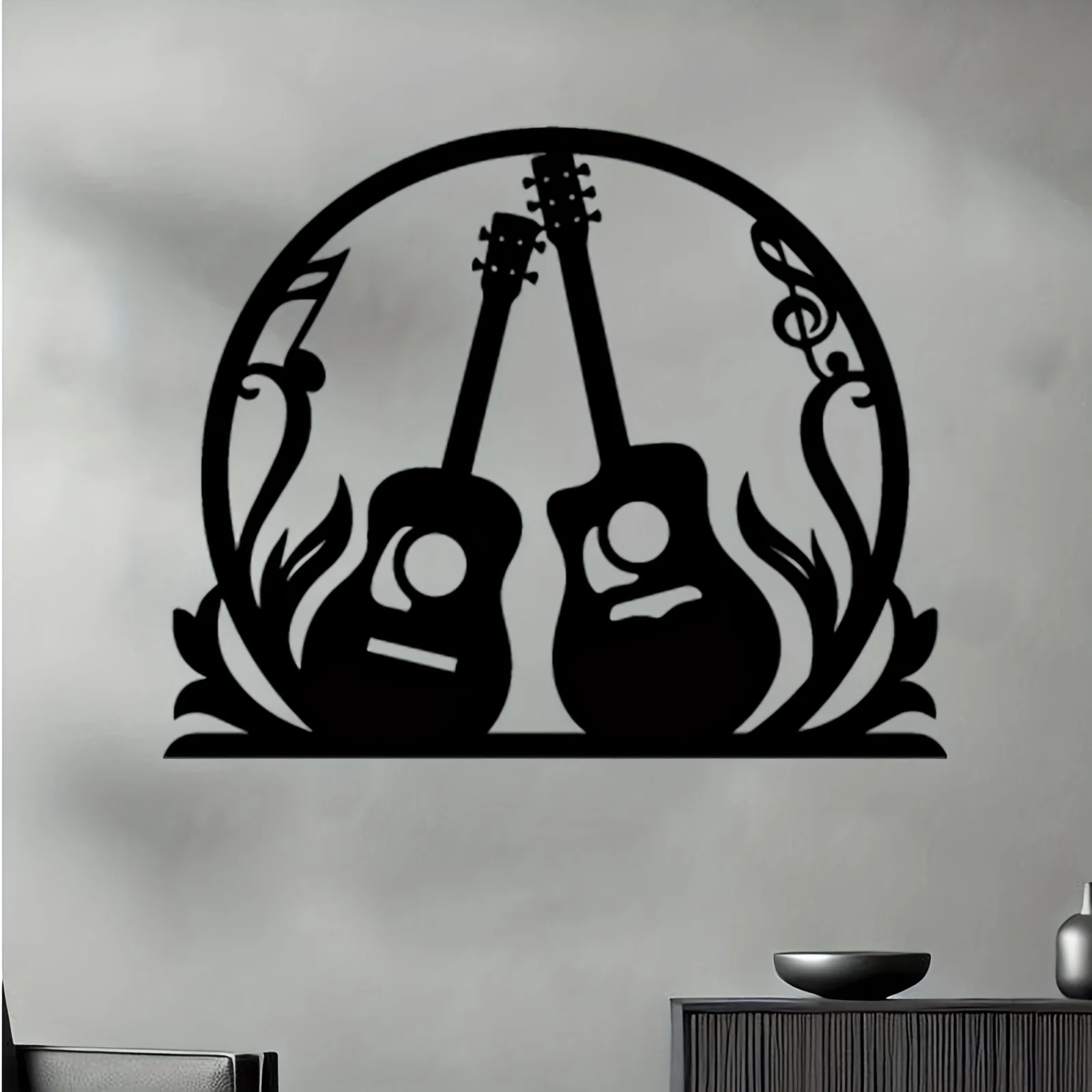 CIFBUY Wrought Iron Guitar Wall Decor Musical Note Metal Sign Vintage Vine Flower Silhouette Art for Music Studio Living Room Ho
