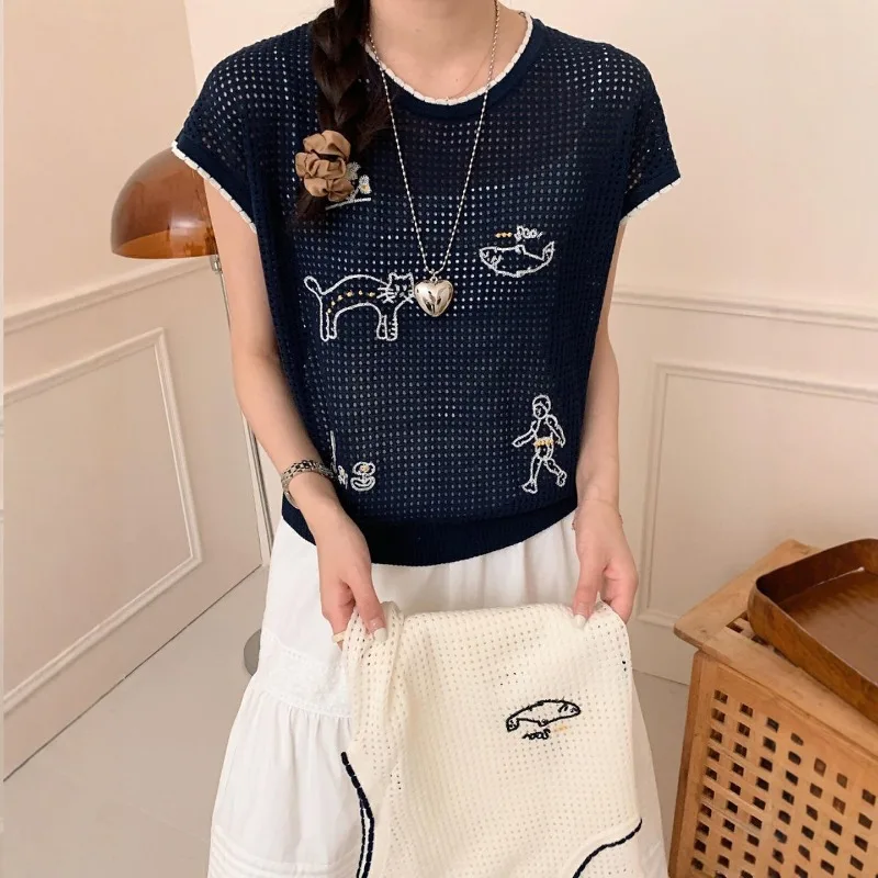 Women Clothing Summer Fashion Casual Cartoon Hollow Out Color Blocking O-neck Female All-match Appear Thin Short Sleeve Top Tee