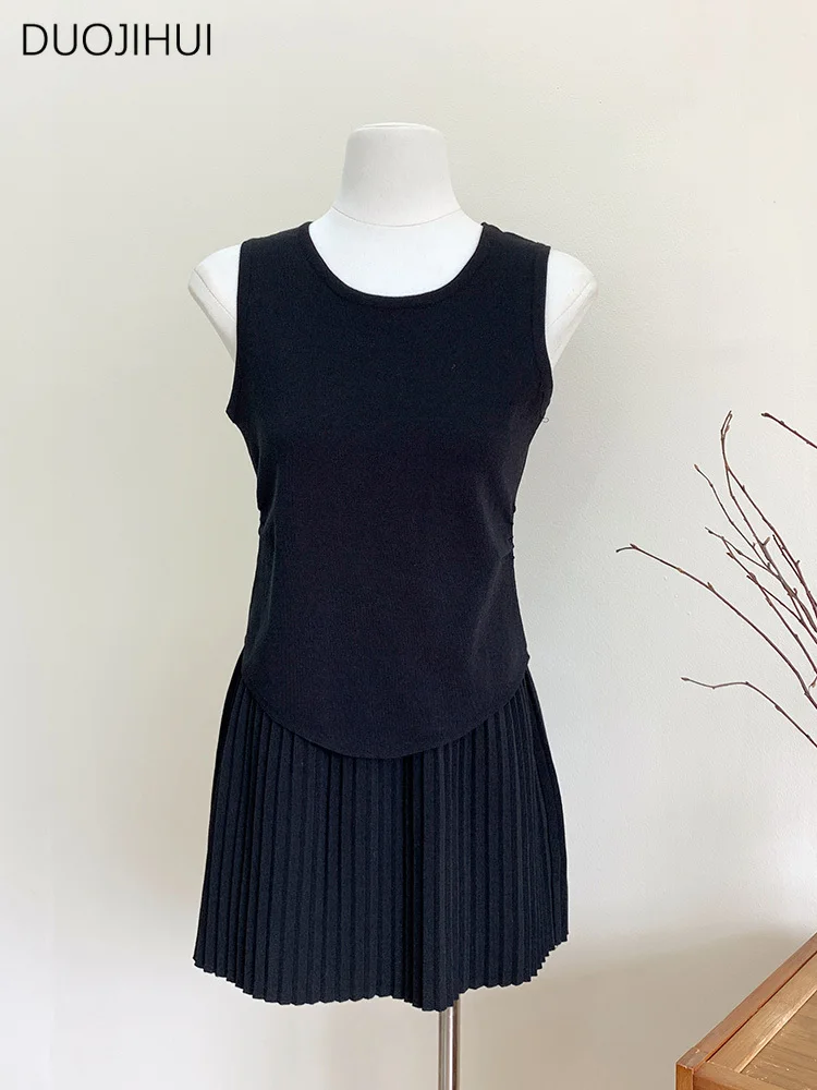 DUOJIHUI-Conjuntos de vestido de duas peças para mulheres, cintura fina, damasco, saia de malha, colete básico, saia simples, cor pura, moda chique, feminino