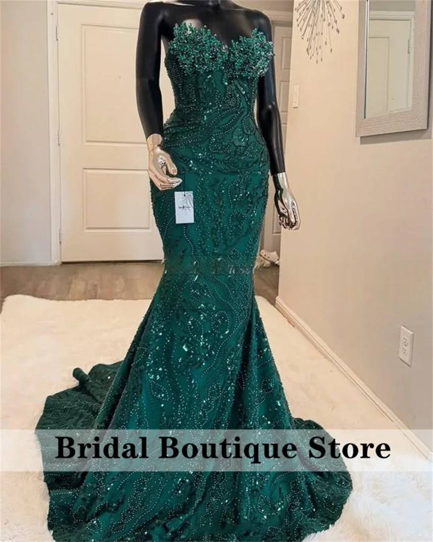 

Emerald Green Strapless Long Prom Dresses Black Girl Bead Crystal 2025 Glitter Birthday Luxury Dress Evening Dresses Customized