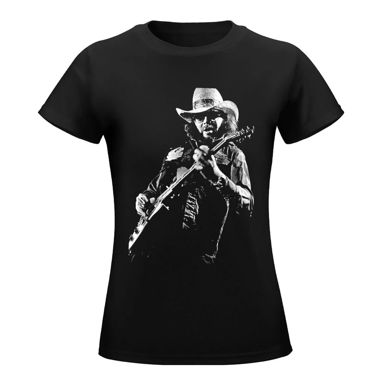 Black and White Hank Jr Arts Williams Playing Guitar Music T-Shirt korean fashion aesthetic clothes Womens graphic t shirts