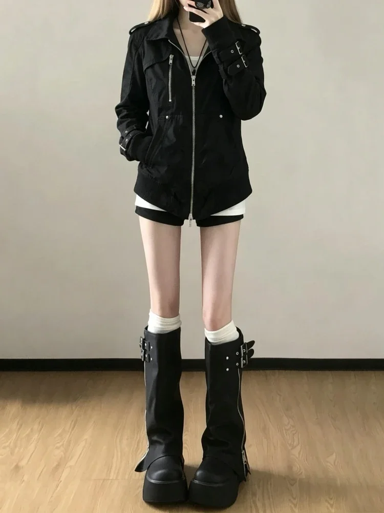 Gothic Lolita Y2K Streetwear Jacket Women Vintage Biker Zip Buckled Cuffs Cross Charm Slim Fit Harajuku Alternative Fashion 2026