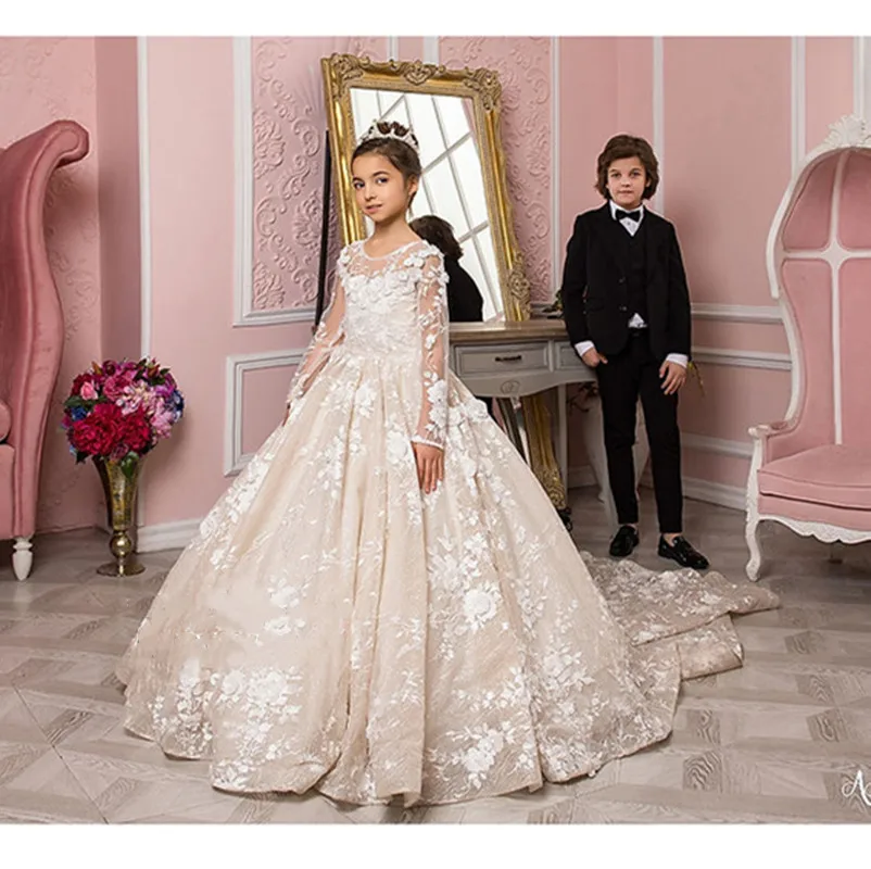 

High Quality First Communion Dresses Kids Evening Ball Gown Ivory Applique Lace Girls Pageant Dress Tulle Flower Girl Dress