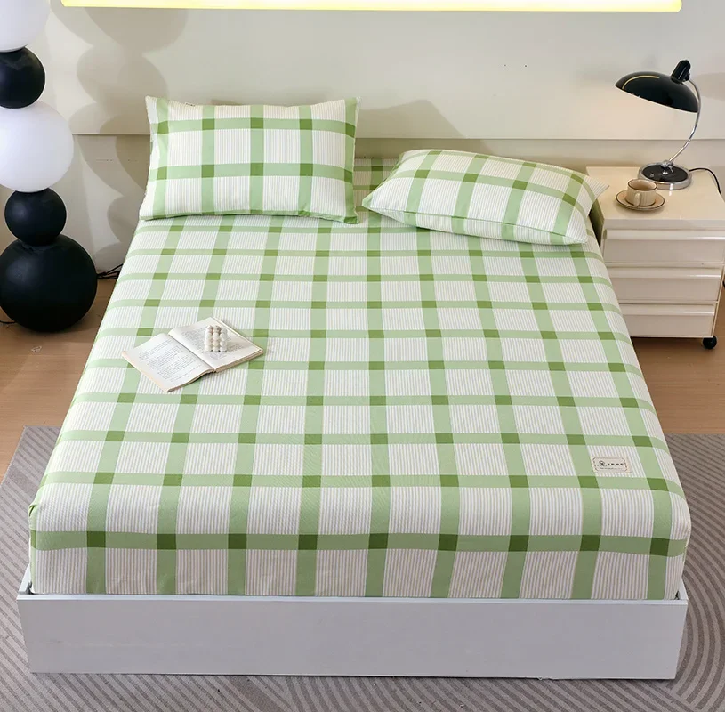 

Thickened Cotton Green Fitted Sheet Simple Orange Stripe Print Bedding Set with 2 Pillowcases Hotel Home Non-slip Mattress Cover