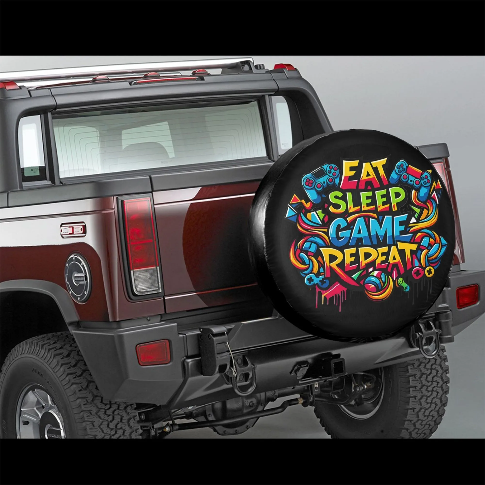 

Eat Sleep Game Repeat Graffiti Spare Tire Cover Durable Polyester Protector for Trucks SUVs