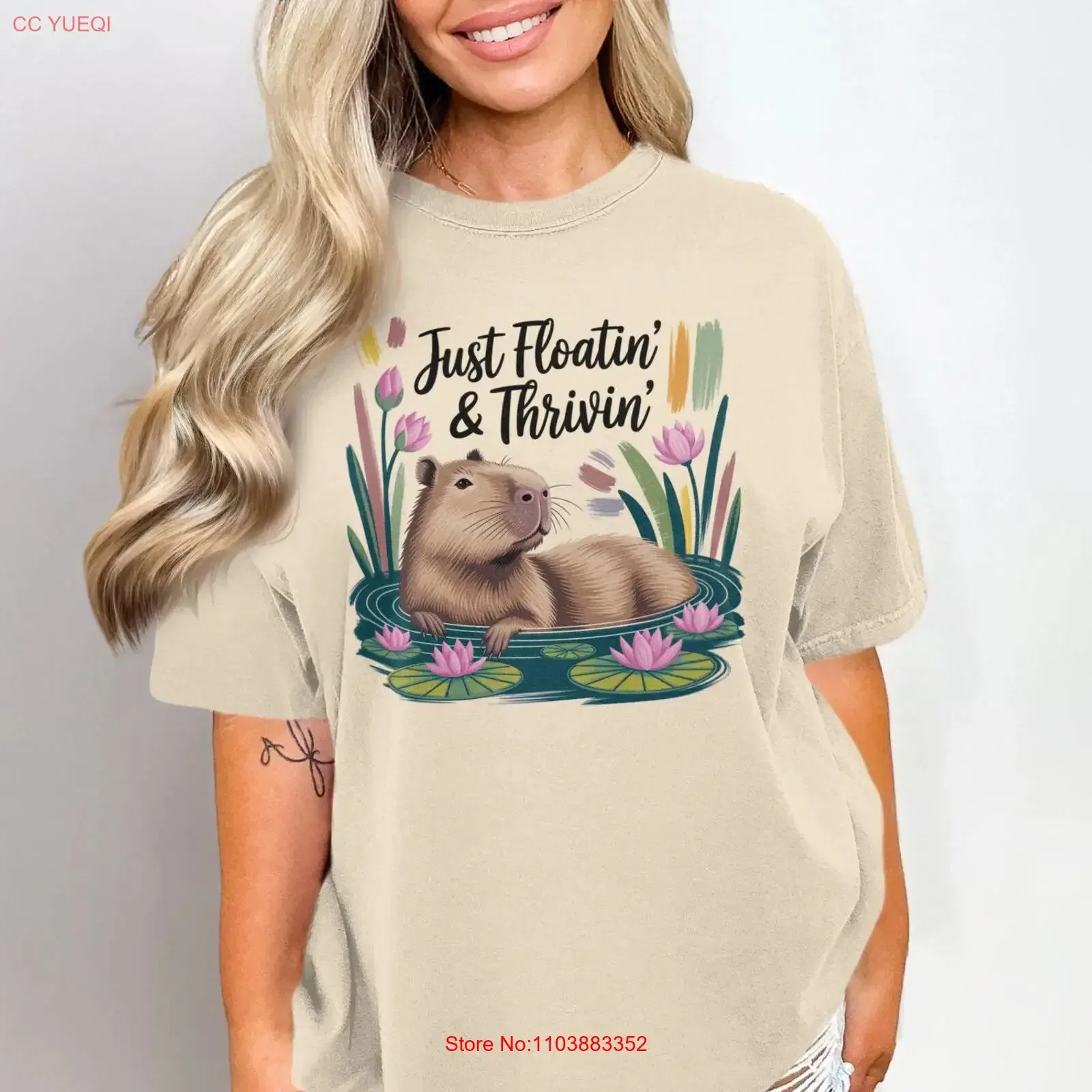 T-shirt Capybara « Just Floating and Thriving » – Design Adorable, Art Animalier, Ambiance Relaxante, Vintage, Lavé, Respirant