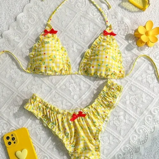 

2024 Sexy Ruffle Frilled Print Bikini Set Swimsuit Halter String Swimwear Women Two Pieces Bathing Suit Beachwear Swimming Suit
