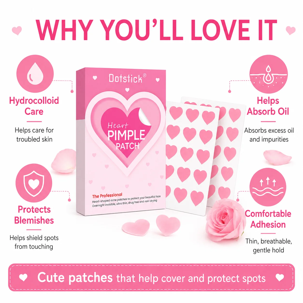 120PCS Pink Heart Pimple Patches Hydrocolloid Acne Spot Stickers Cute Face Blemish Cover Day Night Care view 5