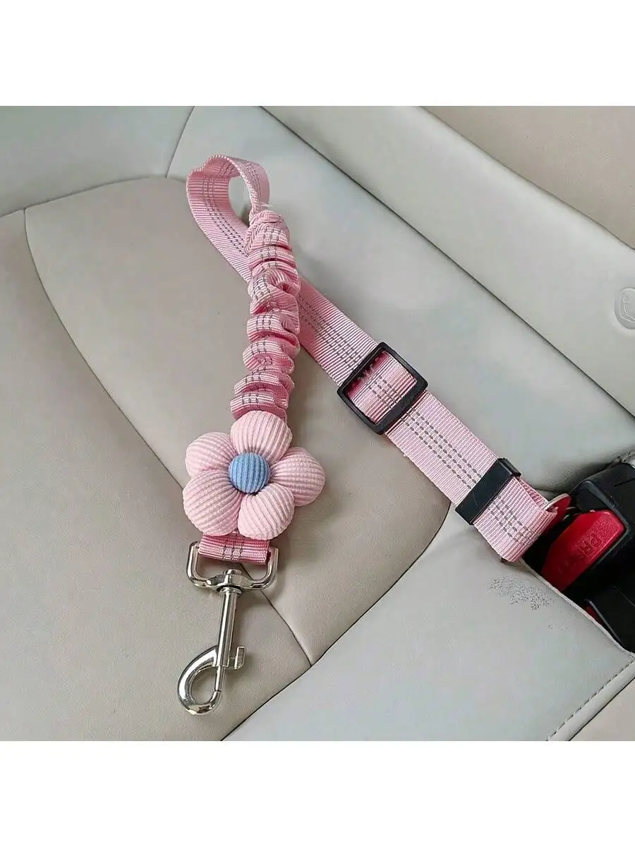 

1pc Cute Pink Dog Car Seat Belt Leash With Floral Design - Adjustable, Reflective Harness For Pet