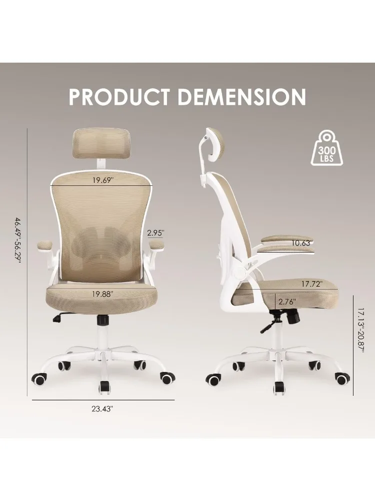 Ergonomic Office Chair, Home Office Desk Chair with Headrest, High Back Computer Chair with Flip-up Armrests and Adjustable