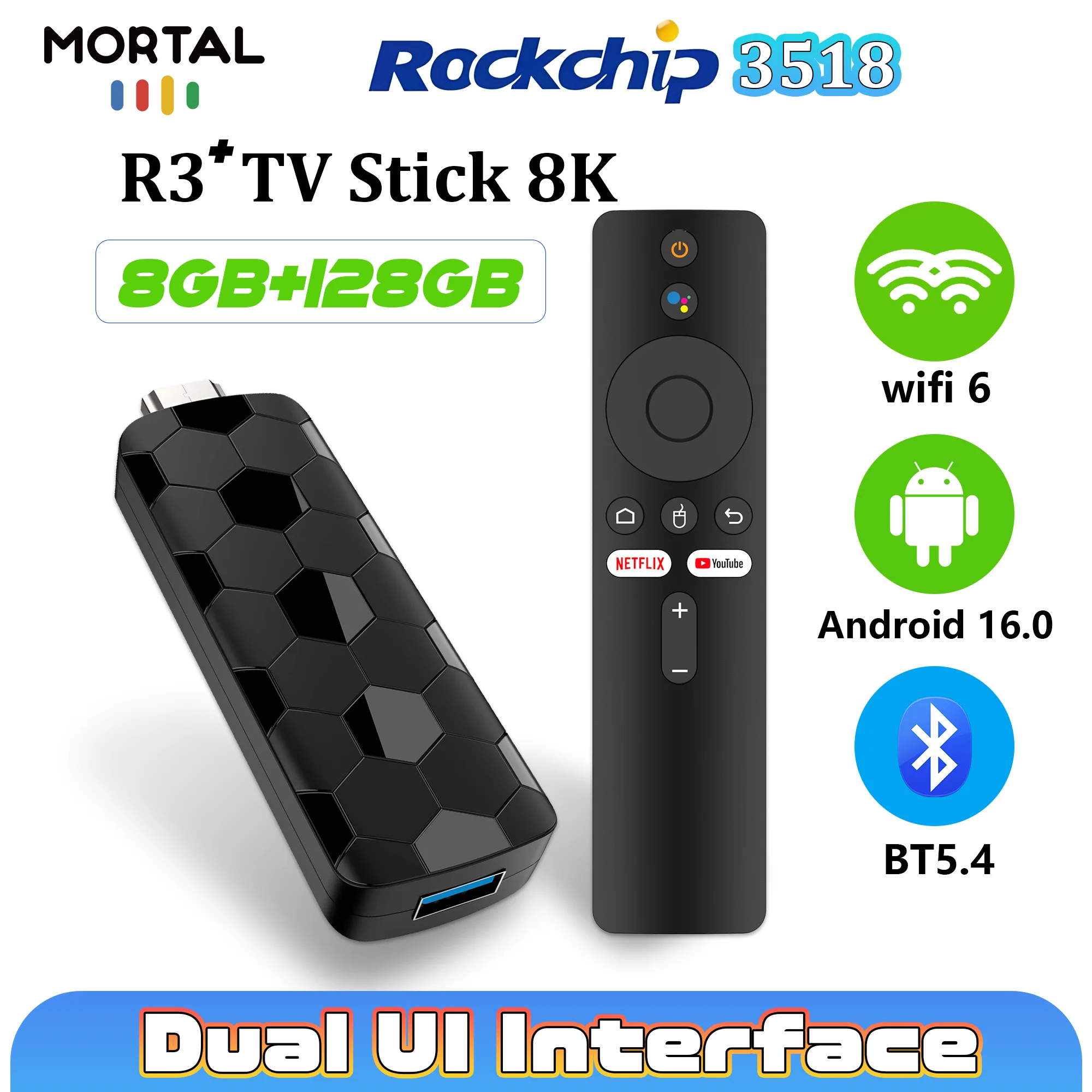 Mortal R3+ TV Stick Android 16 8G128GB Voice Remote Control  WiFi 6 Wireless HDMI H.264 Youtube 4K Display Home Theater Tv Box