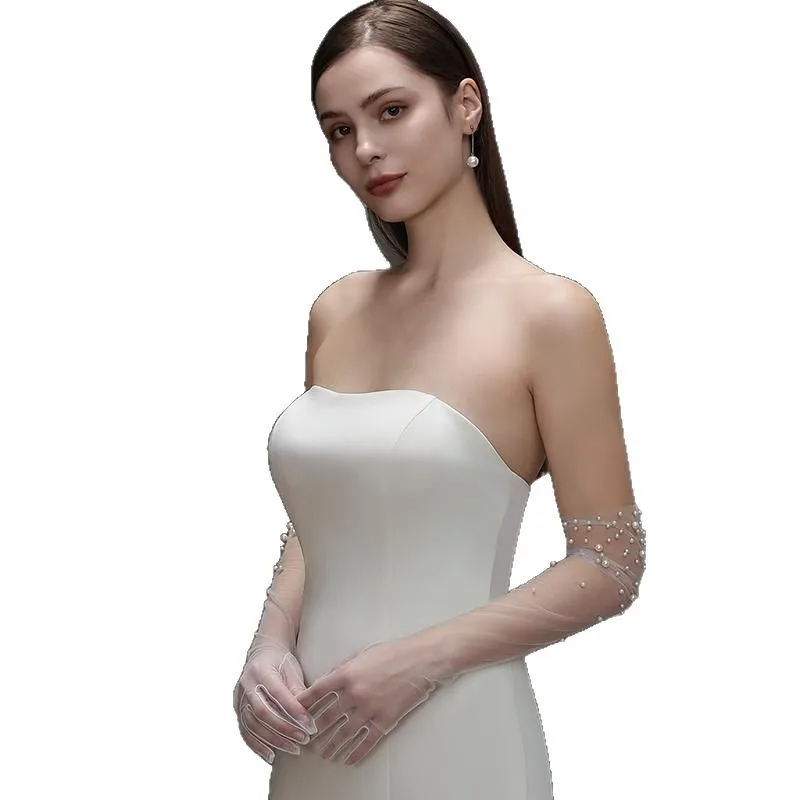 PEORCHID Sheer Long Bridal Wedding Gloves With Pearls Fashion Gloves Women Mesh Gloves For Photoshoot Accessoire Mariage