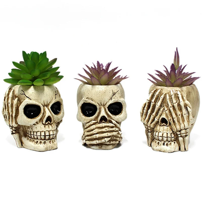 VC-3Piece Skull Head Flower Pots Gothic Skeleton Planter Container Halloween Ornament