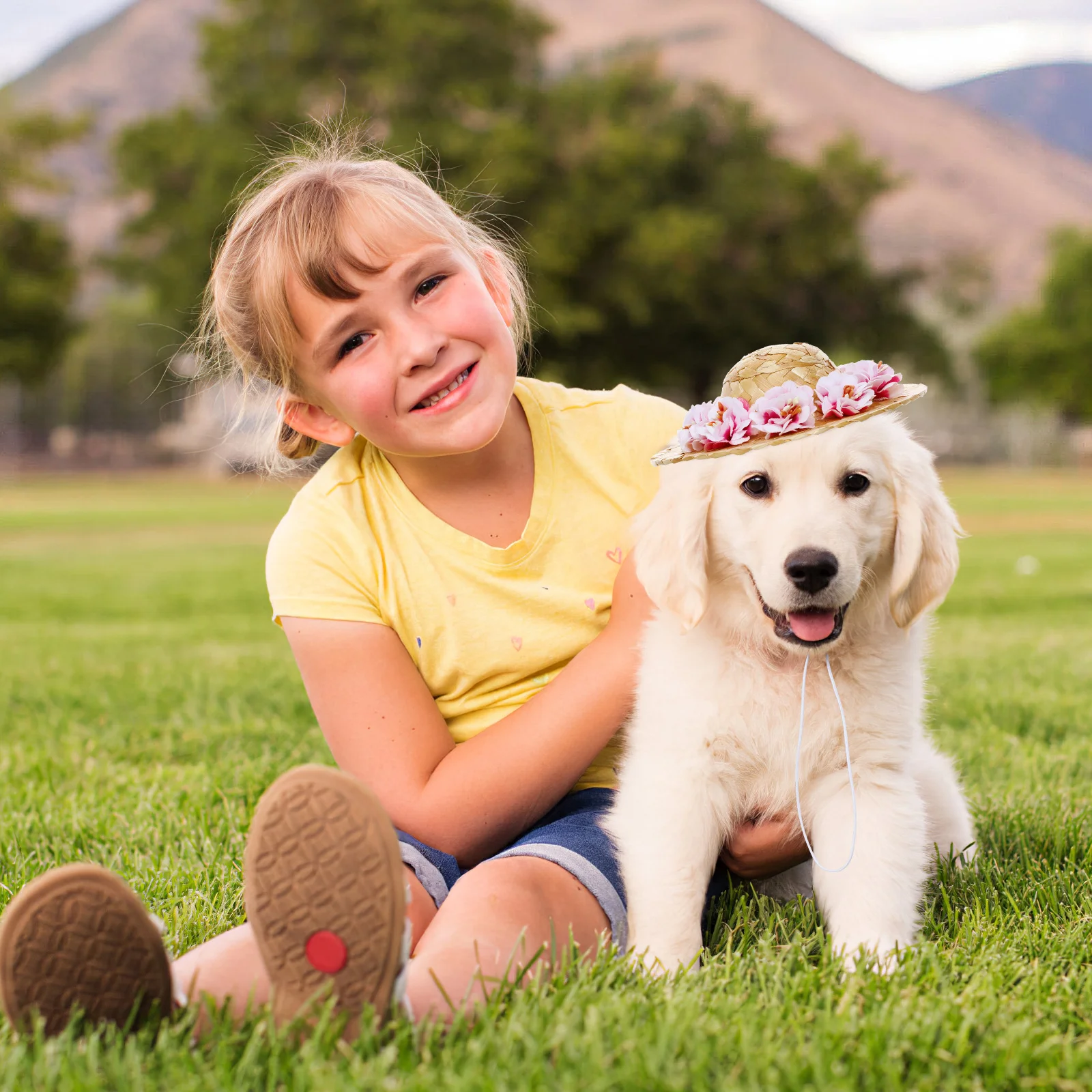 

Dog Straw Hat Pet Summer Sun Hat Woven Flower Decorated Lightweight Safe Fit for Most Pets Adjustable Chin Strap M Pink