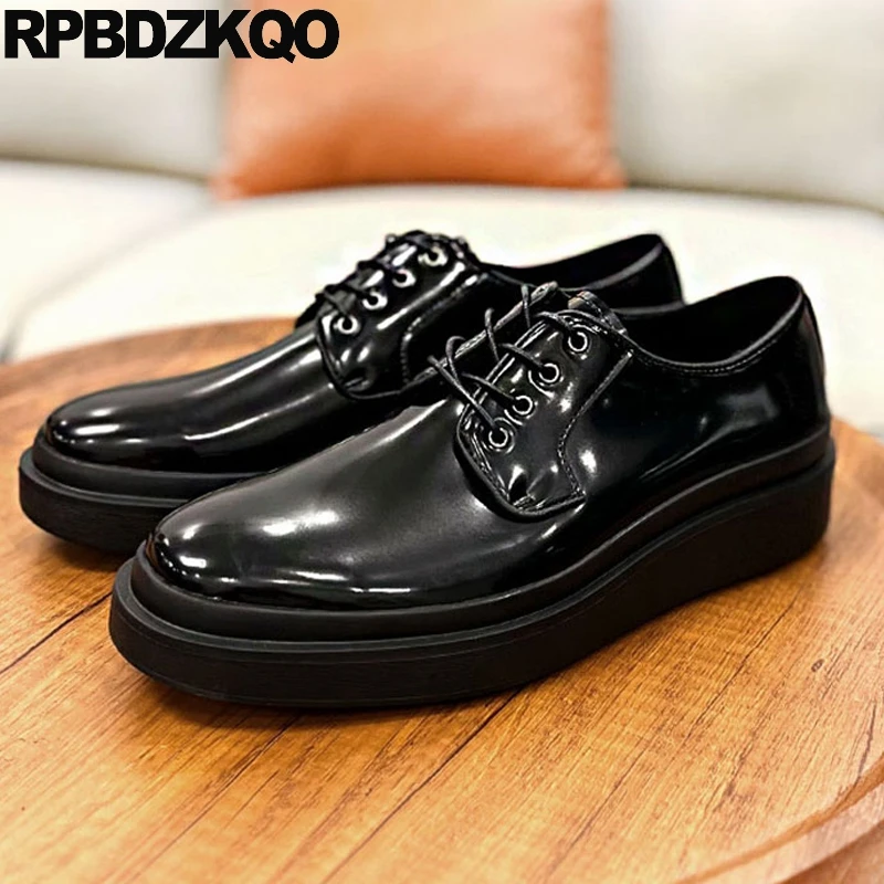 

Cowhide Flats Luxury Round Toe Men Leisure Oxfords High Quality Patent Leather Dress Rubber Sole Derby Lace Up Office Real Shoes