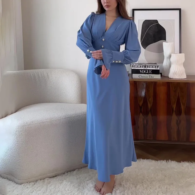 Muslim Party Vestidos Women Dress Button Long Robe Arab Ramadan Morocco Dubai Abayas Kaftan Islam Eid Jalabiya V Neck Dresses