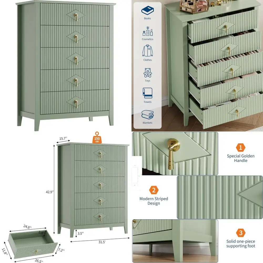 

42.9 Tall 5-Drawer Wood Dresser for Bedroom, Modern Fluted Chest of Drawers, Storage Organizer Cabinet for Large Spaces