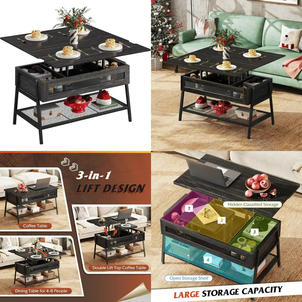 

Multi-Functional 3-in-1 Coffee Table with Hidden Storage Converts to Dining Table for Living Room