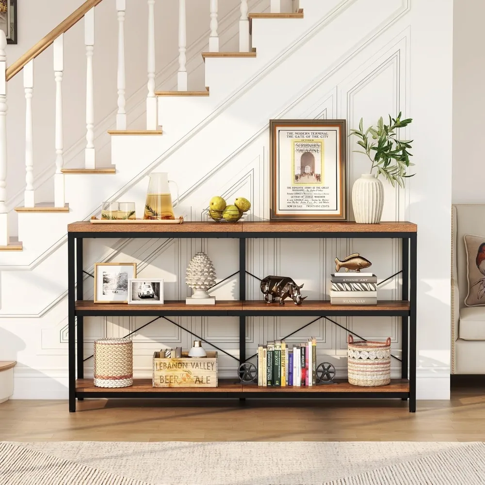 3-Tier Industrial Bookshelf, Wide Wood Horizontal Bookcase, Open Large Book Shelf with Metal Frame, Display Rack Shelving Unit,