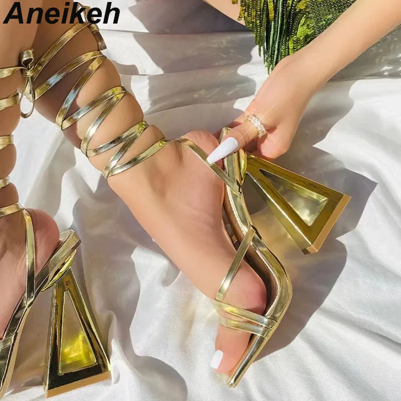 Aneikeh 2024 Summer New Sexy Cross Strap Shaped Heel High Heel Roman Sandals Party Ladies Elegant Dress Pumps Black  Size 35-42