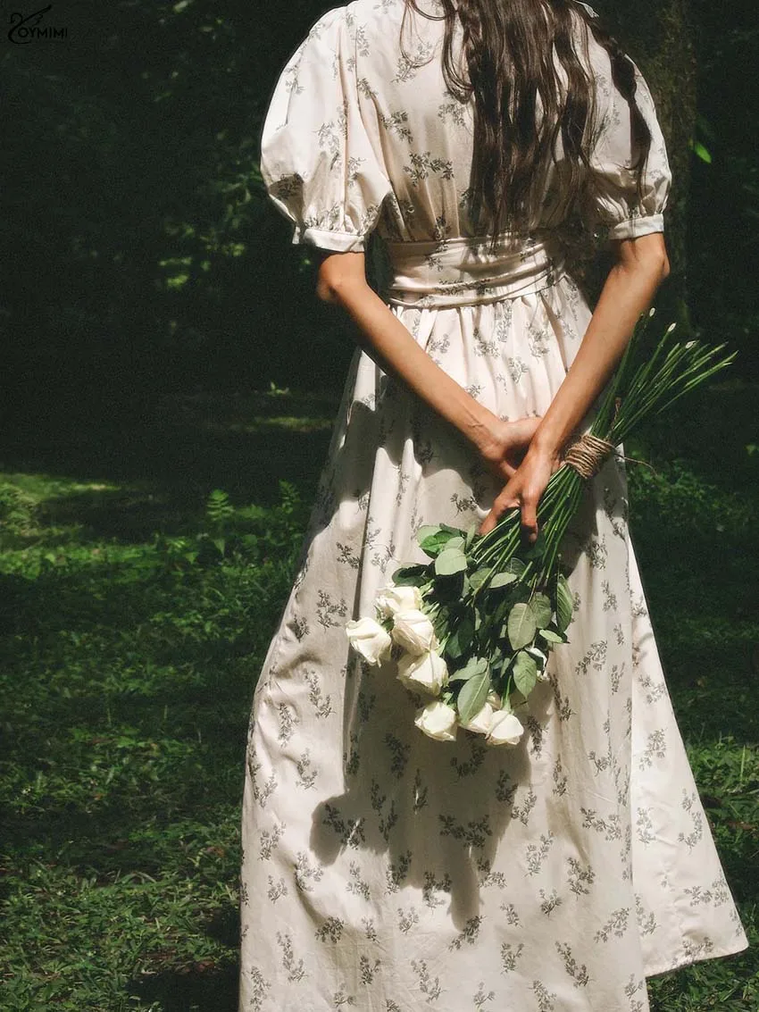 Oymimi Fashion Beige Print Dresses 2025 Woman Elegant O-Neck Short Sleeve Lace-Up Dresses Casual Single Breasted Loose Dress