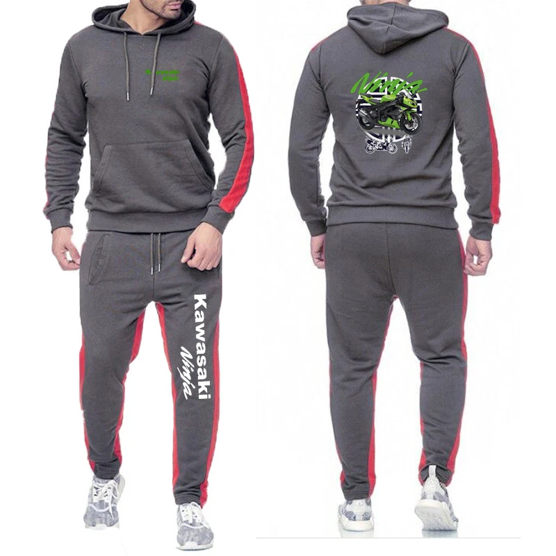 Spring Autumn Men Two-piece Set Motorcycle Kawasaki Logo Print Solid Color Lightweight Simple Daily Hoodies+Sports Pants Suits 7