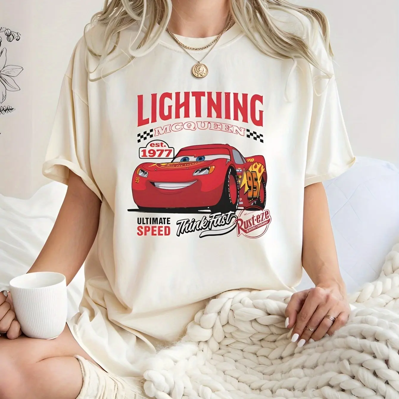 تي شيرت نسائي من Disney Car Star Lightning McQueen مصنوع من القطن الخالص كاجوال صيفي بأكمام قصيرة مريح يوميًا