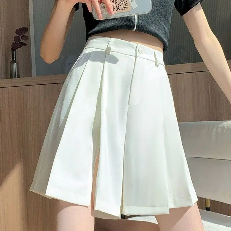 Black suit shorts women's summer slit thin high waist a-line wide leg panties loose casual pants skirt pants  Polyester