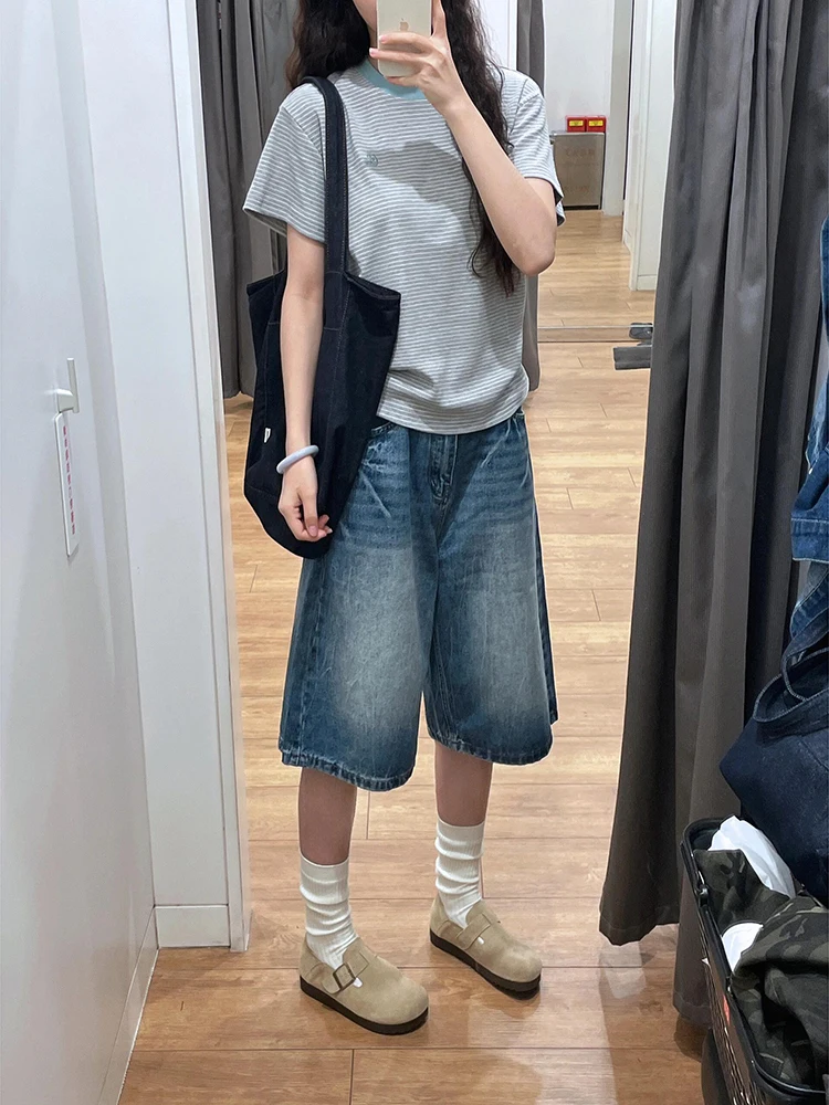 

Summer New Lightning Design Wide Leg Denim Mid-Length Pants Women's American Retro Loose plus Size Straight Seven-Foot Pants