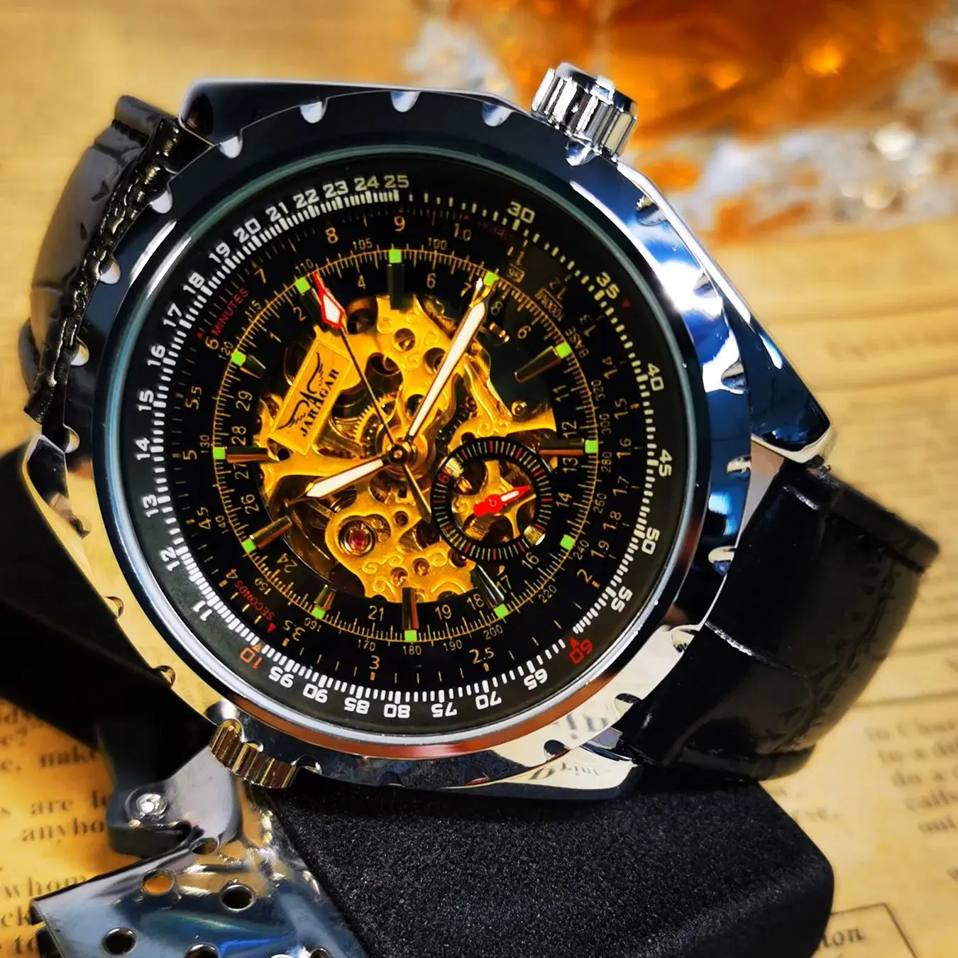 ساعة JARAGAR الرياضية الميكانيكية للرجال مضيئة الأيدي الجلدية الصلب حزام رجال الأعمال ساعات المعصم الفاخرة العلامة التجارية الأعلى