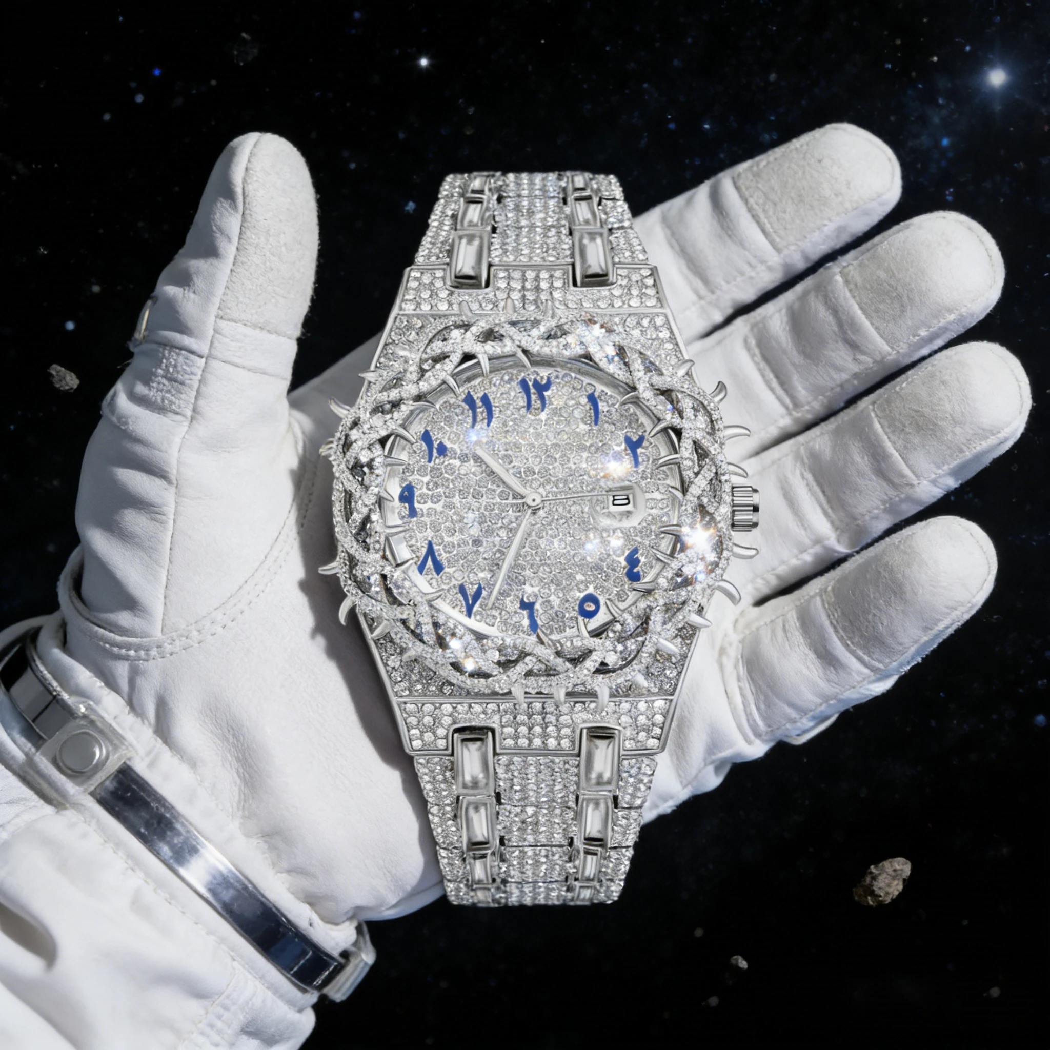 1pc Men's Quartz Watch. New Model with Full Water-Diamond Strap. Ice-Cold Hip Large Dial Men's Watch. Personalized Mesh-Set Zirc view 5
