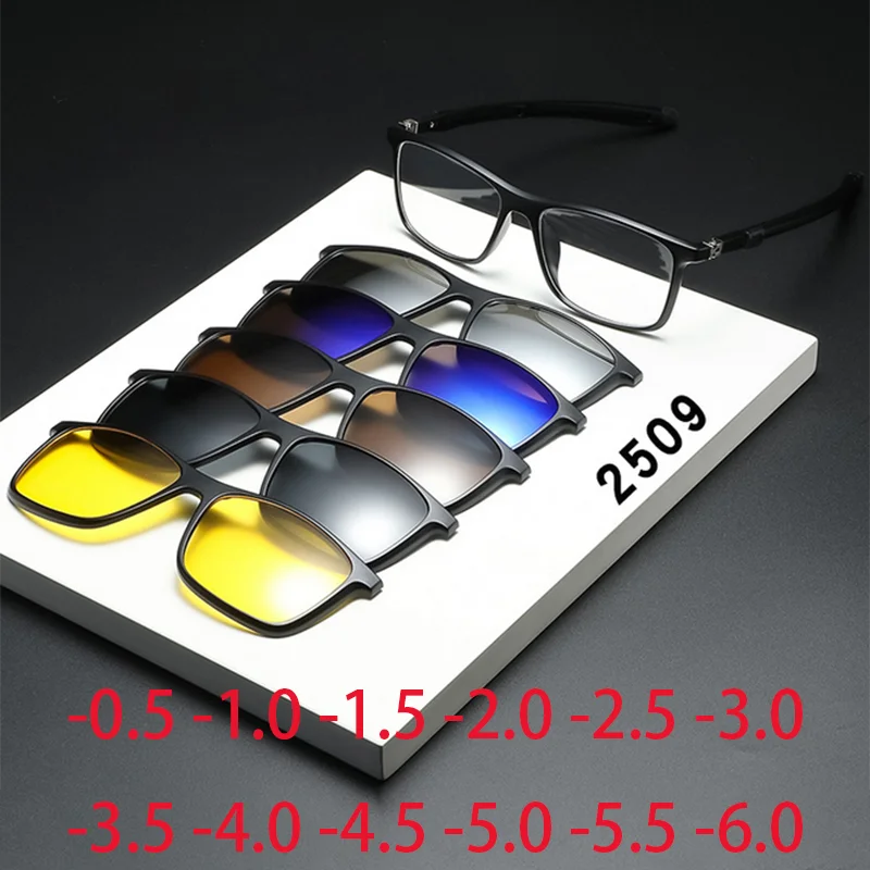 

2509 Magnetic Prescription Cycling Glasses with 5 Sunglasses Clipe , Anti-slip and Adjustable Legs TR Frame -0.5 -1.0 -2 to -6