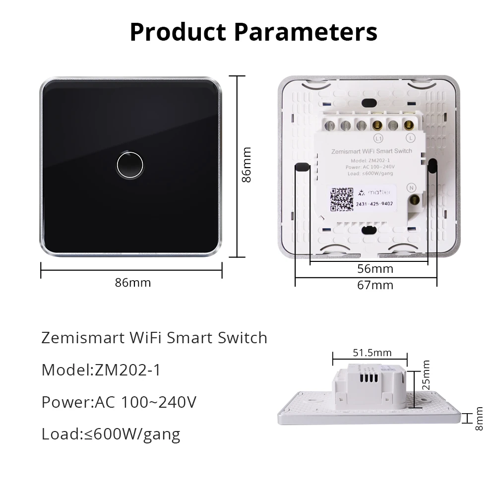 Zemismart Matter Over WiFi EU Wall Light Switch 1 2 3 4 Gangs Neutral Required with Touch Panel SmartThings App Homekit Control