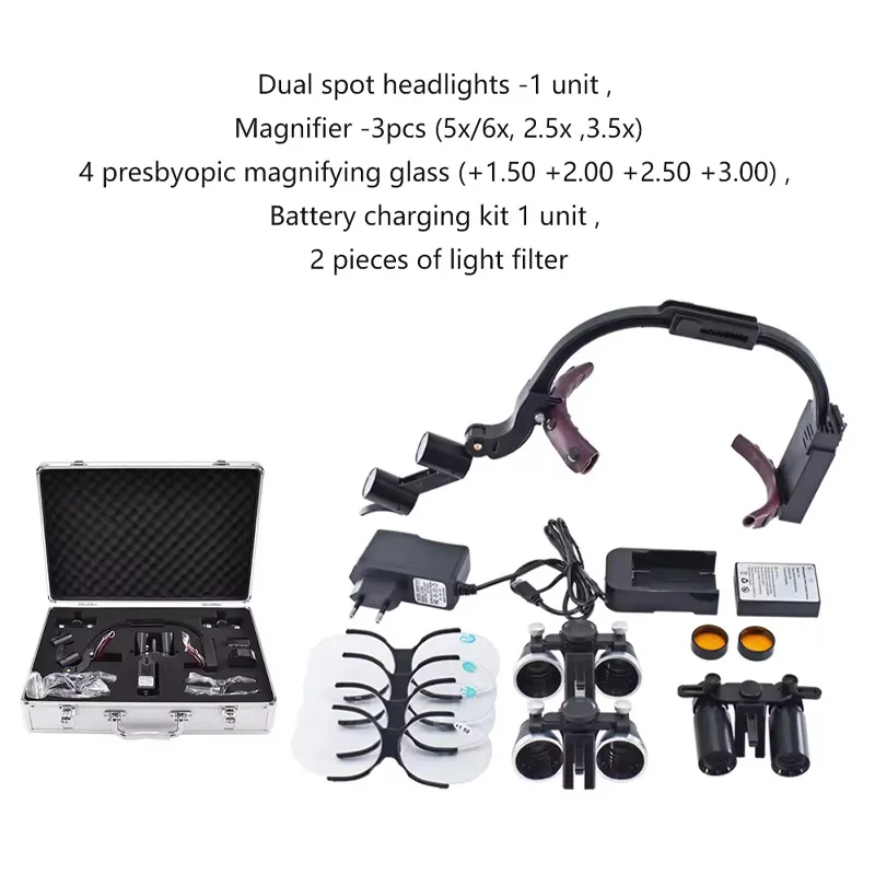 5X 6X Full Set Den tal Binocular Loupe Surgery Surgical Magnifier Headlight LED Light Dentist Medical Loupes Lamp