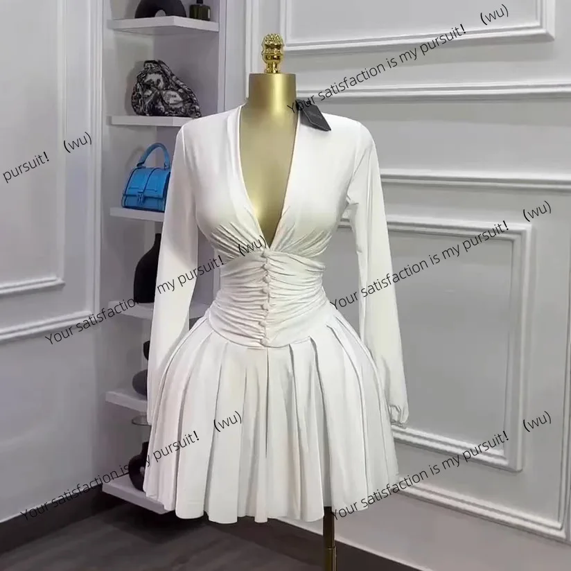 レディースプリーツVネック長袖ワンピース フレンチ風スリムウエスト細見えプリーツショートスカート