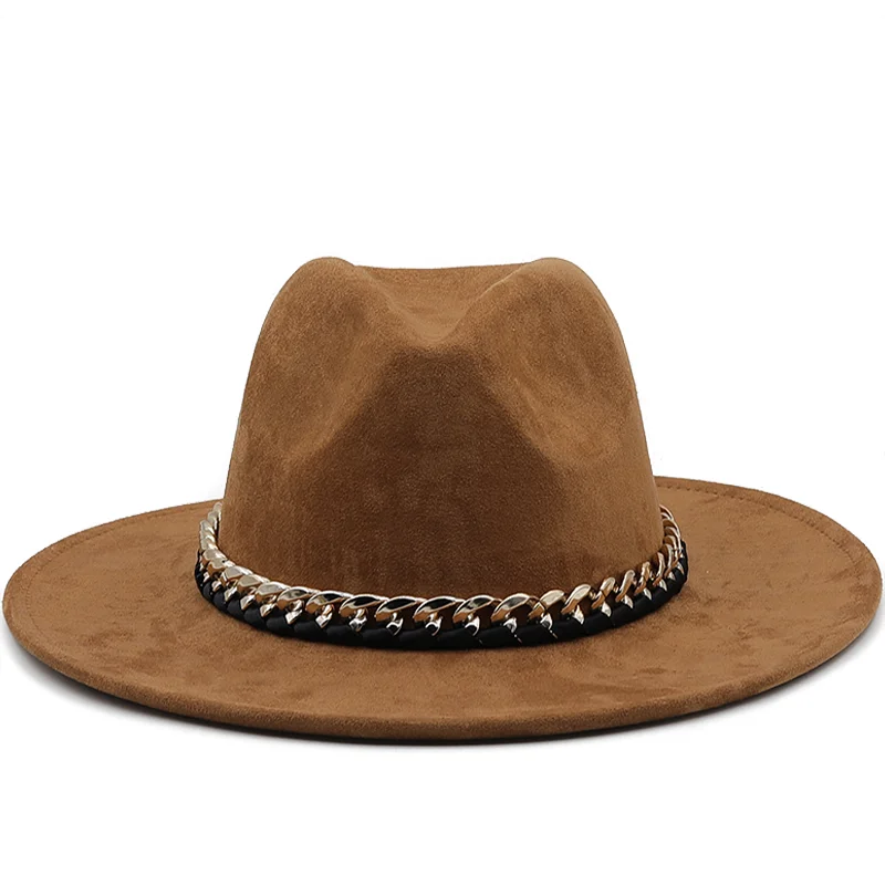 Suede Gold chain belt Fedora Hats Women Men Felt Vintage Style with Feather Band White Hat Flat Brim Top Jazz Panama Cap