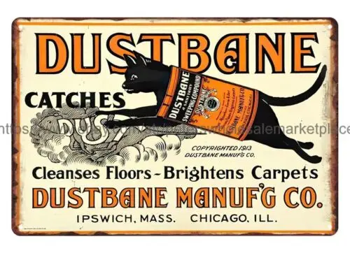Dustbane Sweeping Compound jumping black cat metal tin sign hanging wall art sign