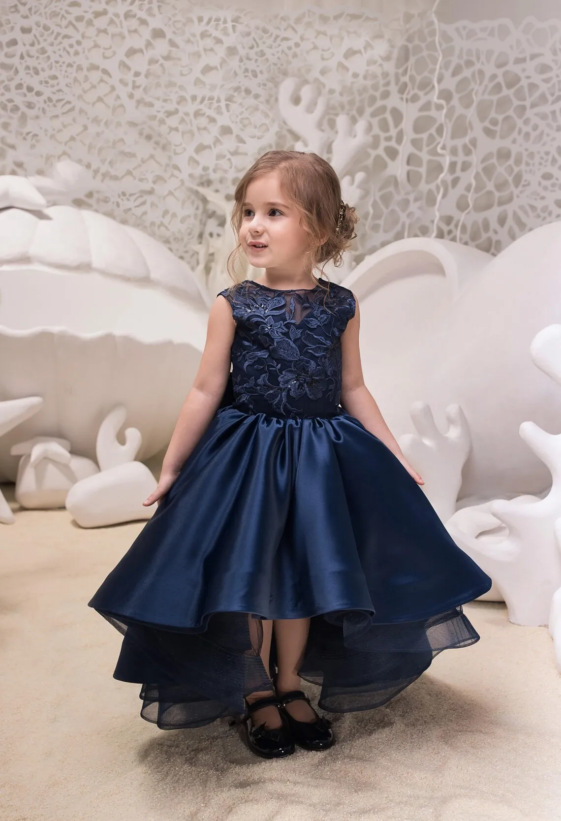 Elegante vestido azul marinho infantil, aplique, sem encosto, Hi-Lo, laço de cetim, festa de casamento, aniversário, primeira comunhão