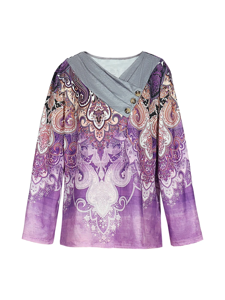 Plus Size Vintage Paisley Print Long Sleeve Top, Cowl Neck Button Detail Loose Casual Blouse, Retro Daily Women Pullover Shirt