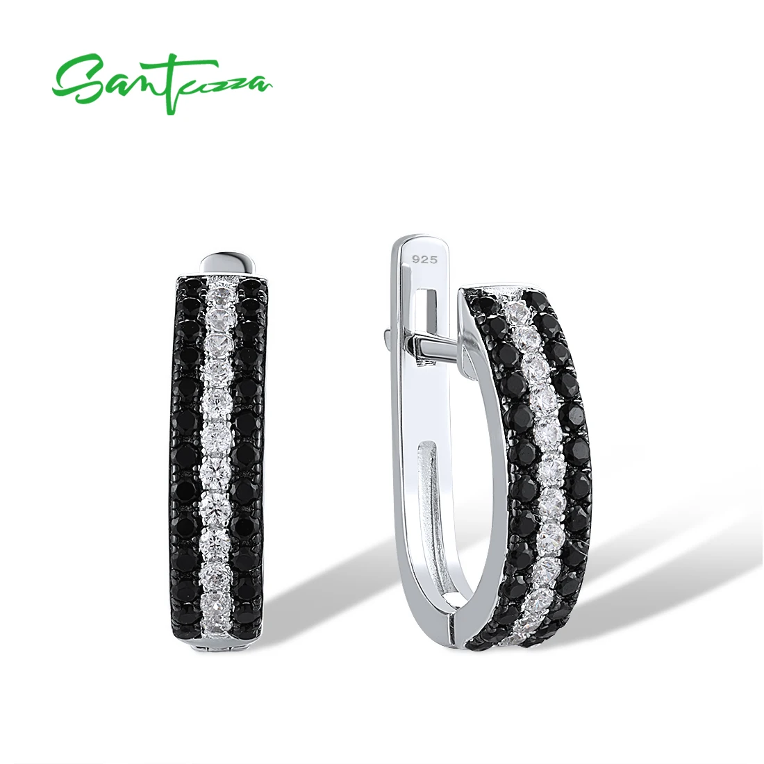 

SANTUZZA 925 Sterling Silver Earrings For Women Sparkling Black Spinel White Cubic Zirconia Simple Daily Wear Fine Jewelry