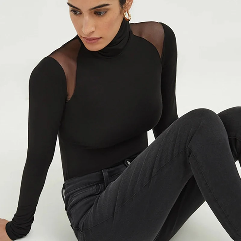 New High Neck Black Long Sleeve T-shirt Fashion Women Mesh Sexy Blouse Jumpsuits Pullover Elegant Top Autumn Slim Fit Clothing
