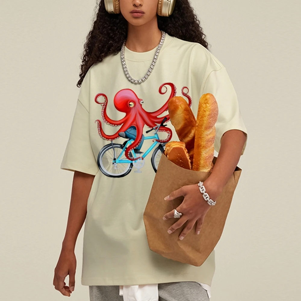 

Friend's Clothing Unisex Vintage Wash Tee Octopus Print Graphic Short Sleeve High Street T-shirt For Men Oversize Tops Washed