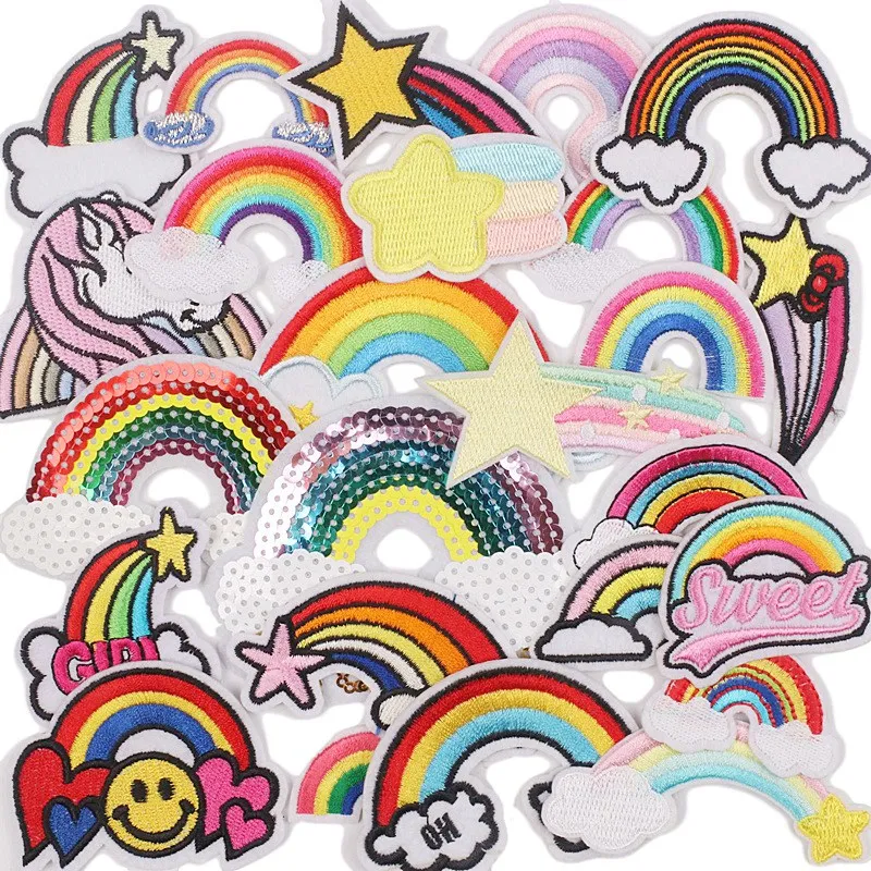 A32P_25Pcs Kid Embroidered Patch Rainbow Sew on/Iron on Patch Applique Clothes Jeans Sewing Flowers Applique DIY Accessory