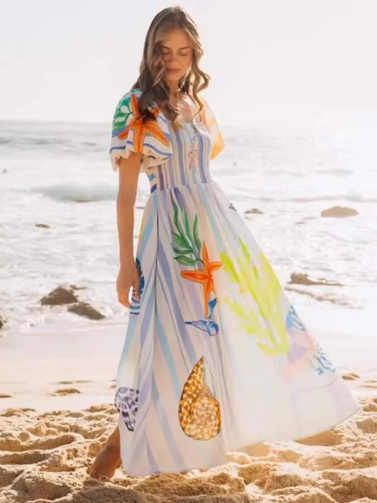 

Летние накидки для женщин: пляжные платья-макси с коротким рукавом, новинка 2026 года, с принтом, для отпуска, как накидка на купальник