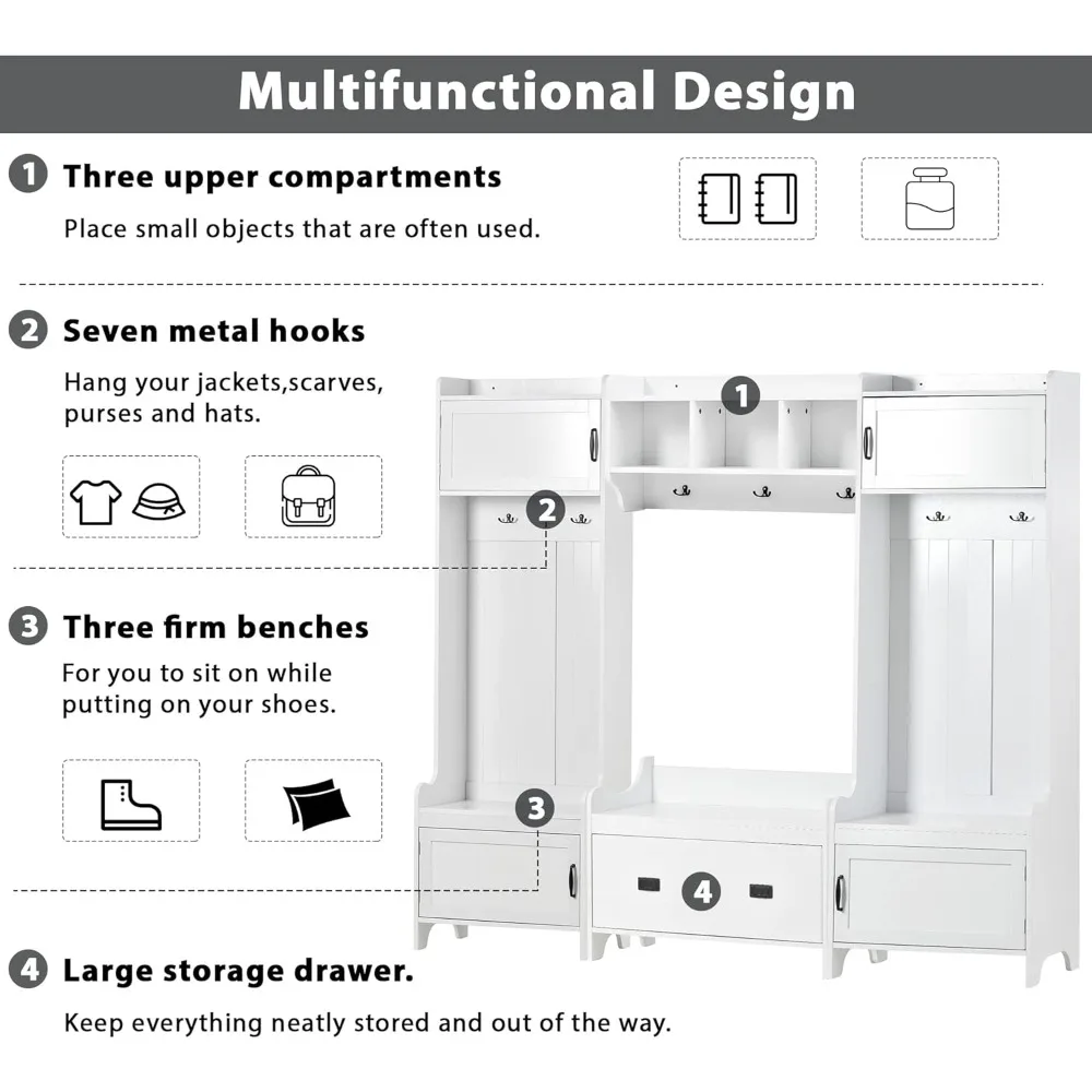 رف معطف المدخل متعدد الأغراض بأربعة اتجاهات معاصر مع 7 خطافات معدنية سوداء، مقعد المدخل مع مساحة تخزين واسعة